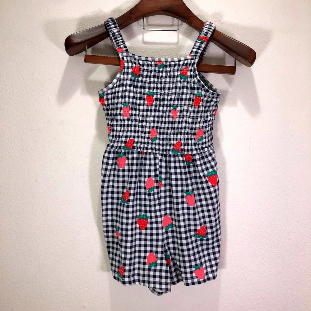 Old Navy Girls XL 14-16 Gingham Strawberry Smocked‎ Romper Navy White Red Summer